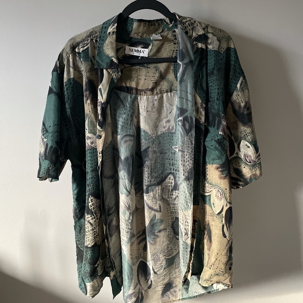 green 100% silk button down
